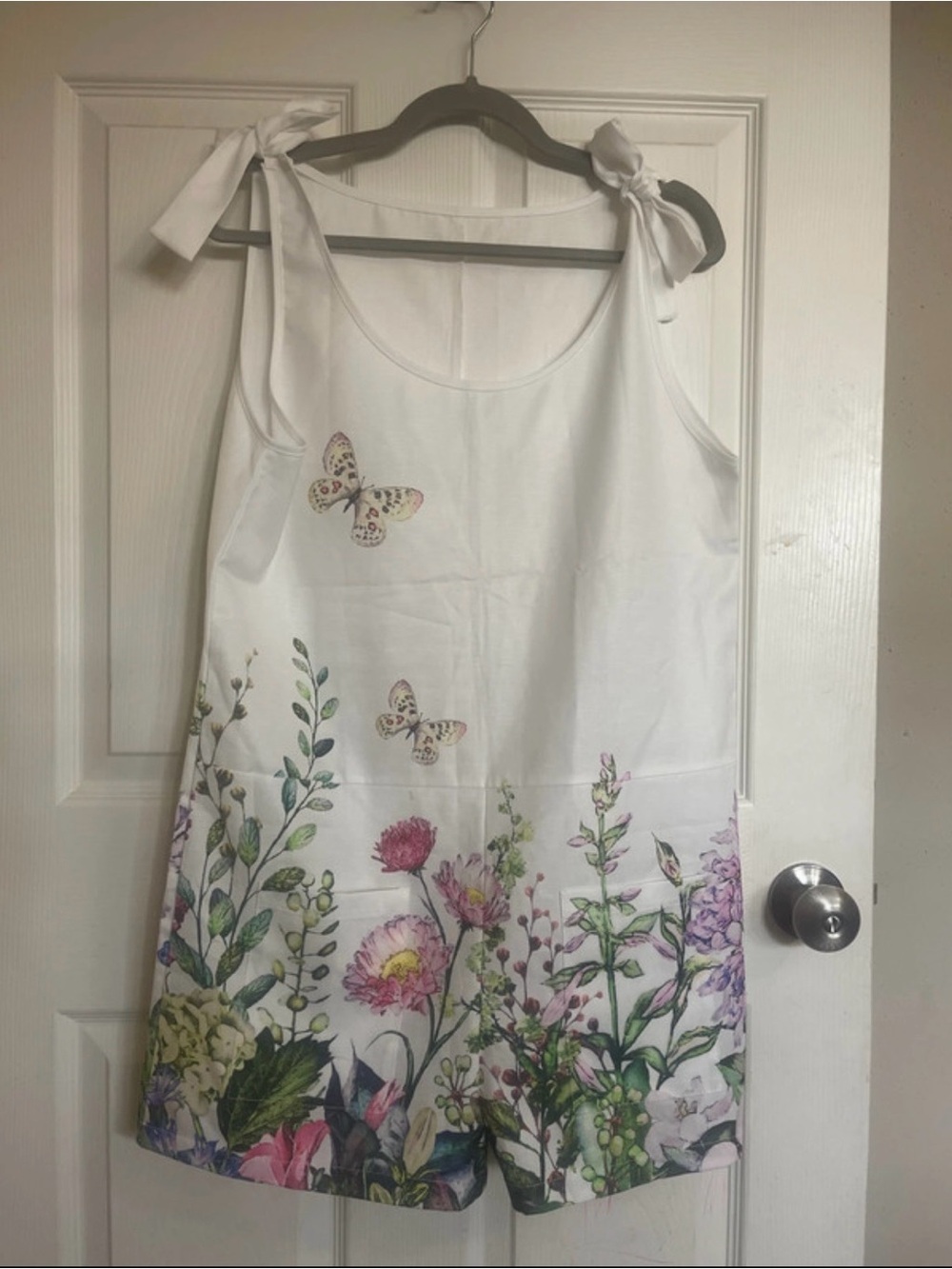 White Floral Butterfly Tie-Shoulder Romper